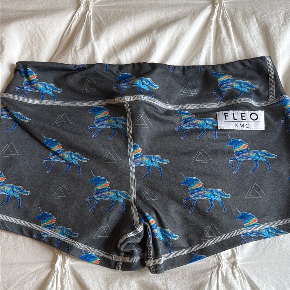 Fleo KMC Charcoal Shorts with Blue and Multicolor Horse Design - Med
